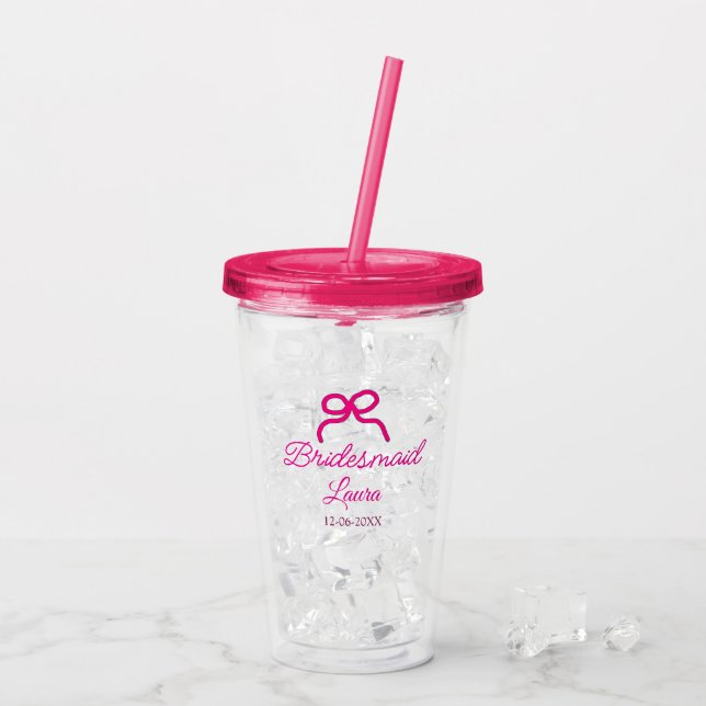 Verre En Acrylique PINK BOW minimalajouter nom bridesmaid année cadea (Dos glace)
