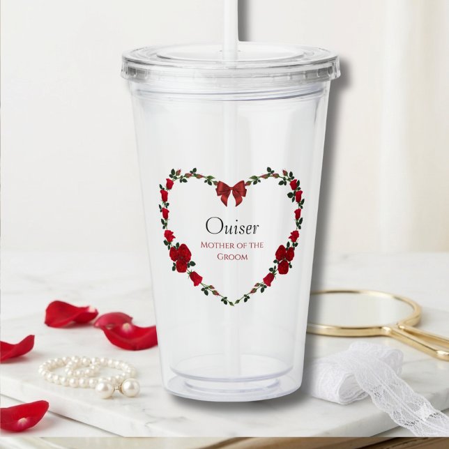 Verre En Acrylique Roses Rouges Élégantes Cadeau pour la Mère du Mari (Custom Mother of the Groom Tumbler with Romantic Red Rose Heart Floral Wreath)