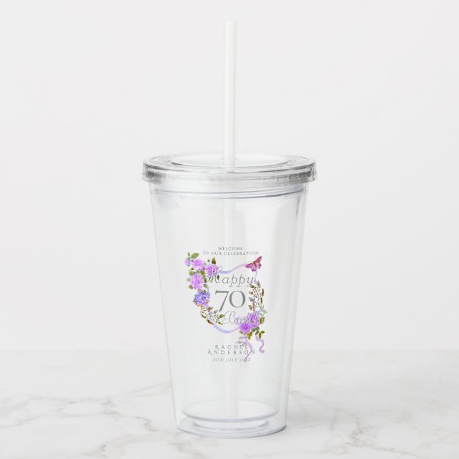 Verre En Acrylique Ruban de Rose Violette 70e Anniversaire (Devant)