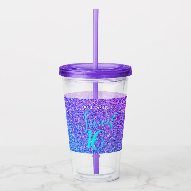 Verre En Acrylique Sweet 16 Parties scintillant d'anniversaire violet (Devant)