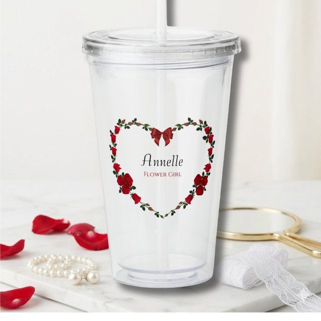 Verre En Acrylique Sweet Red Roses Flower Girl Gift (Sweet Personalized Flower Girl Tumbler featuring a Romantic Red Rose Heart Design)