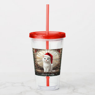 Verre En Acrylique Tasse blanche avec chaton et chapeau de Père Noël