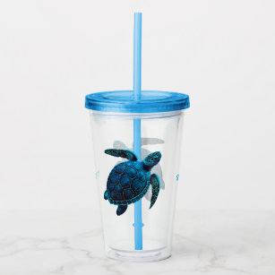 Verre En Acrylique tortue de mer, dessin bleu, mer