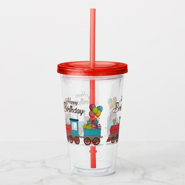 Verre En Acrylique Train Joyeux Anniversaire  (Devant)