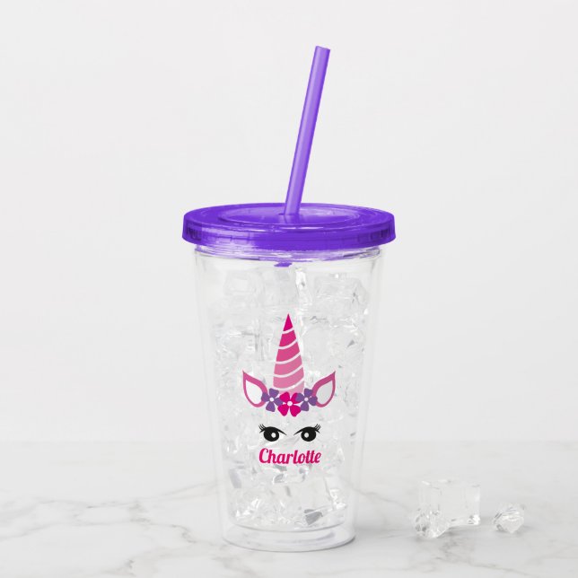 Verre En Acrylique Unicorn mignonne rose violet fille Ajouter un nom (Dos glace)