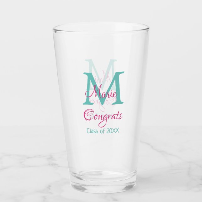 Verre Félicitations nom de diplômé monogramme vert rose  (Devant)