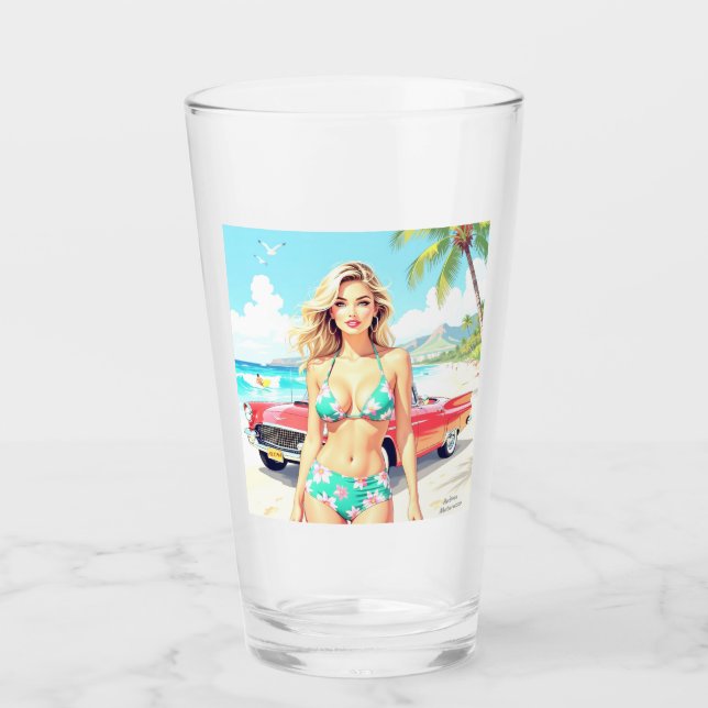 Verre Fille à la plage avec une voiture classique (Devant)