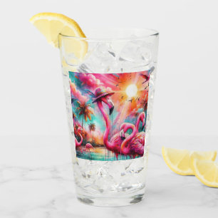 Verre Flamants roses roses tropicaux Palmiers Eau Solair