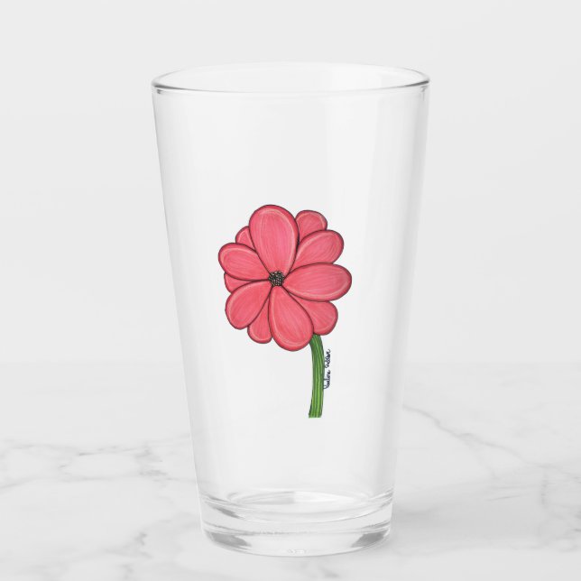 Verre Fleur rose pleine avec fond bleu (Devant)