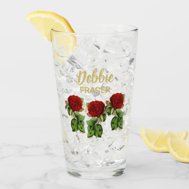 Verre Fleur rouge et feuilles verts nom personnalisé (Devant glace)