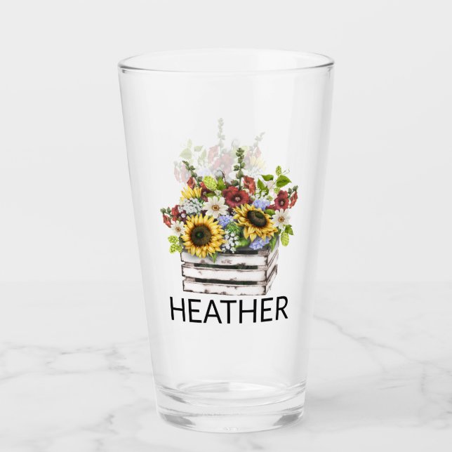 Verre Fleurs de tournol daisy monogramme nom  (Devant)