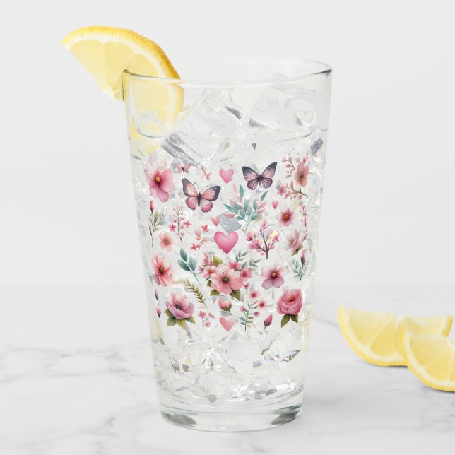 Verre Fleurs et papillons féminins roses (Devant glace)