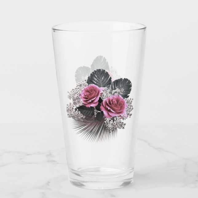 Verre Fleurs roses Feuilles tropicaux (Devant)