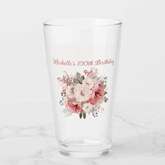 Verre Fuchsia Rouge Crème Aquarelle Florale 100e Anniver (Devant)