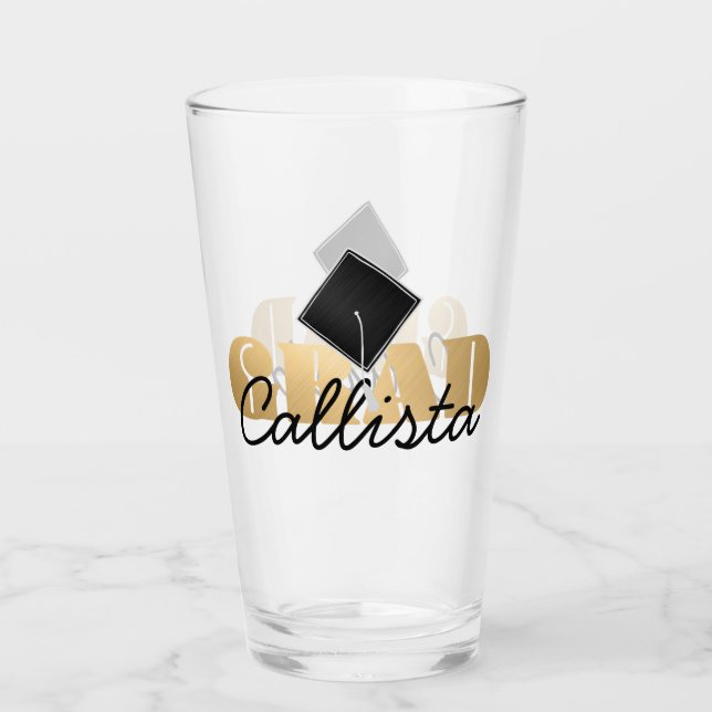 Verre Grad Gold Black Graduation Cap Monogramme Nom (Devant)