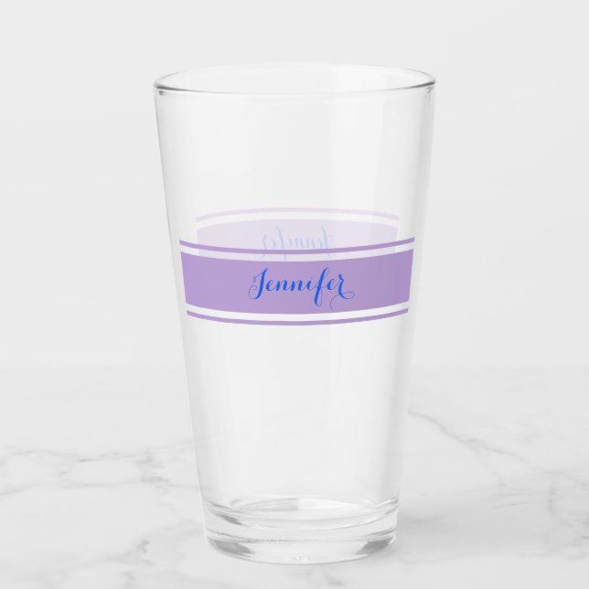 Verre Grand nom de script bleu, Lavender Strips sur blan (Devant)