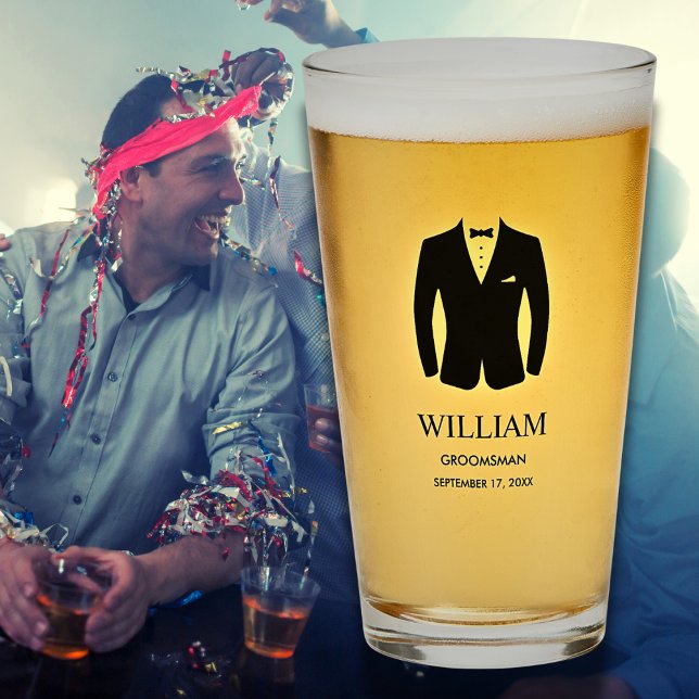 Verre Groomsmen Black Cravate Tuxedo Nom et date de la s (Groomsmen Groomsman Gift Personalized Name and Date Black Tie Tuxedo DRinkware Glass)