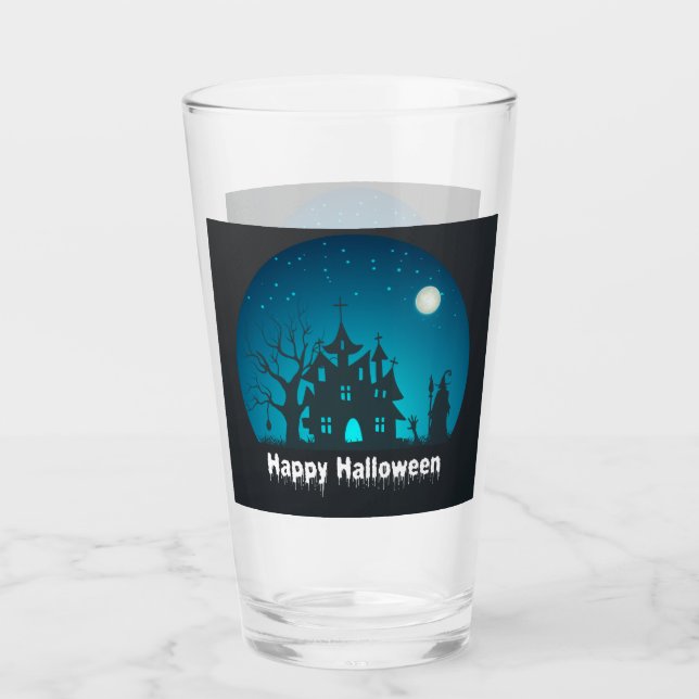 Verre Happy Halloween Maison hantée bleue et noire (Devant)