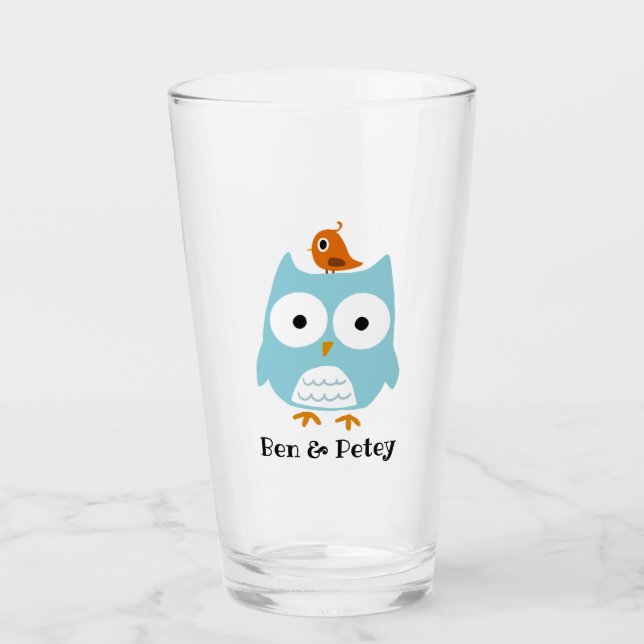 Verre Hibou bleu mignon et petit oiseau personnalisés (Devant)