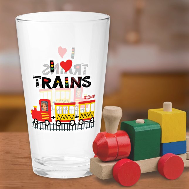 Verre I Love Trains Colorful Kids Photo et nom (Créateur téléchargé)
