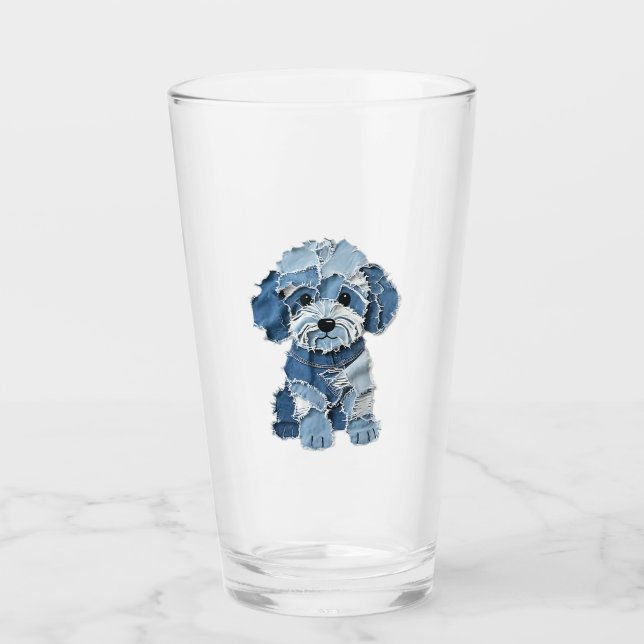 Verre Illustration de chien en patchwork de denim mignon (Devant)