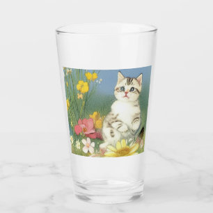Verre Illustration de Kitten vintage avec Fleurs Jaunes