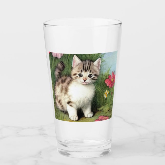 Verre Illustration vintage de chat avec Fleurs rouges (Devant)