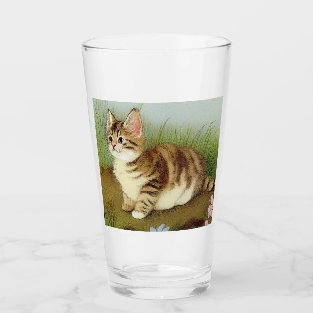 Verre Illustration vintage Kitten avec fleurs (Devant)