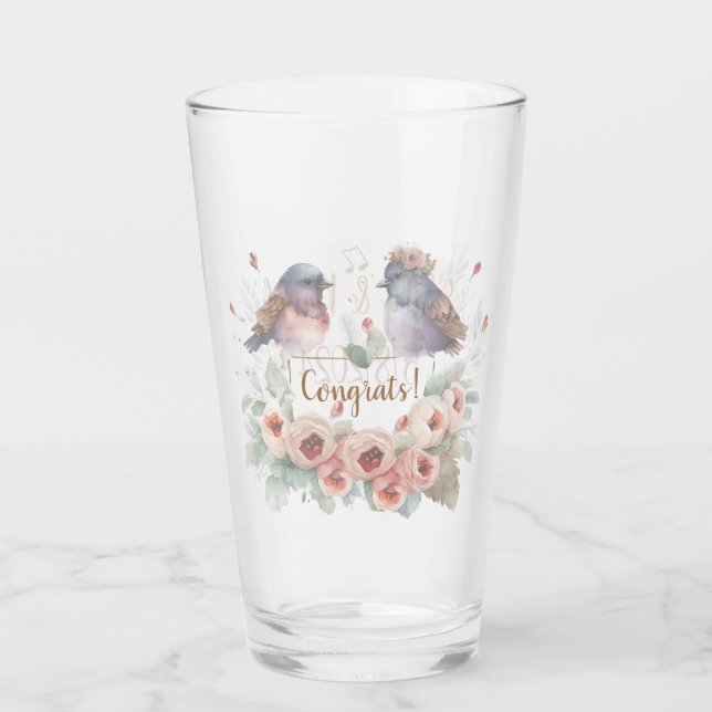 Verre Inséparables aquarelle avec roses pour mariage (Devant)