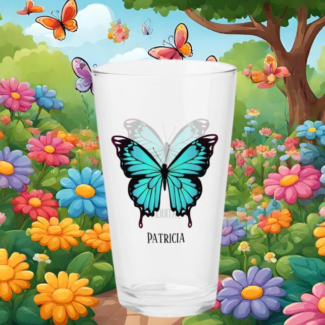 Verre joli bleu papillon ajouter nom (Créateur téléchargé)