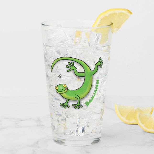 Verre Joli gecko vert salutations avec dessin animé (Dos glace)