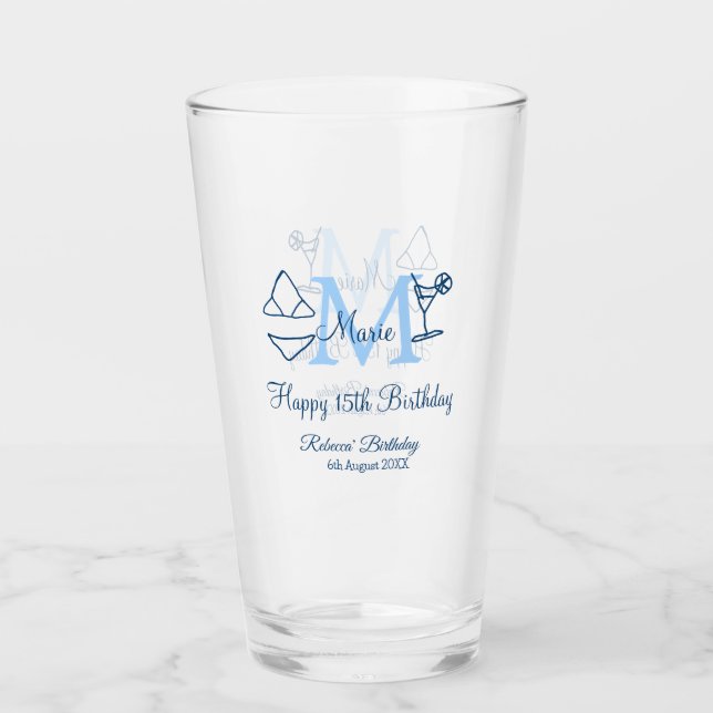 Verre Joyeux 15e anniversaire bleu ajouter nom monogramm (Devant)