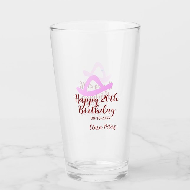 Verre Joyeux 20e anniversaire fille cowboy rose nom date (Devant)