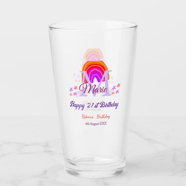 Verre Joyeux 21e anniversaire rose ajouter nom monogramm (Devant)