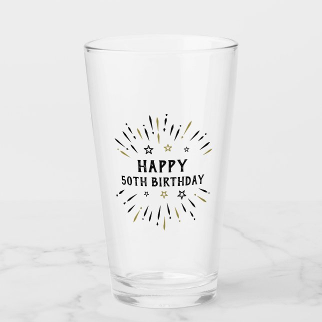 Verre Joyeux 50e anniversaire feux d'artifice Noir et Or (Devant)