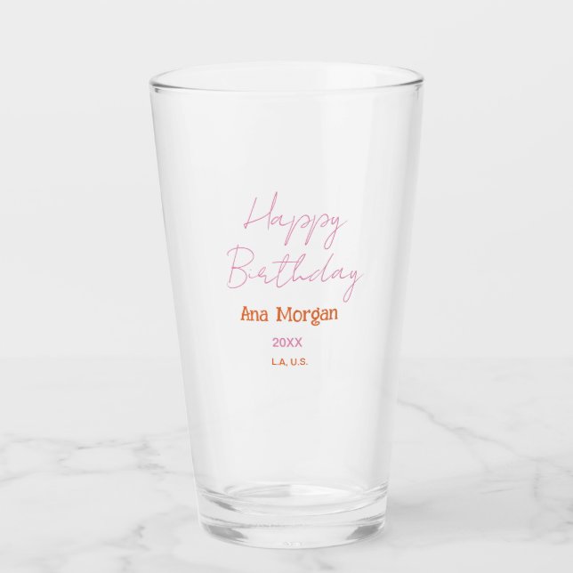Verre Joyeux Anniversaire Rose Orange Nom Simple Année L (Devant)