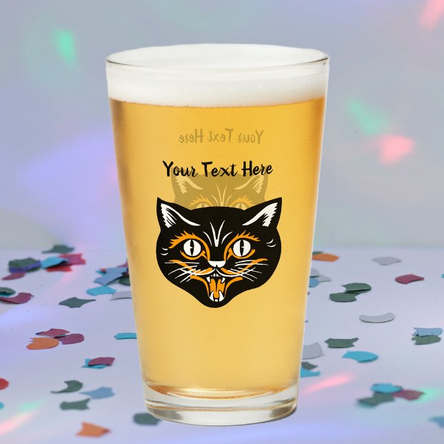 Verre Joyeux Halloween noir visage de chat (Halloween vintage black cat face with orange and white accents on glass drink tumbler.)
