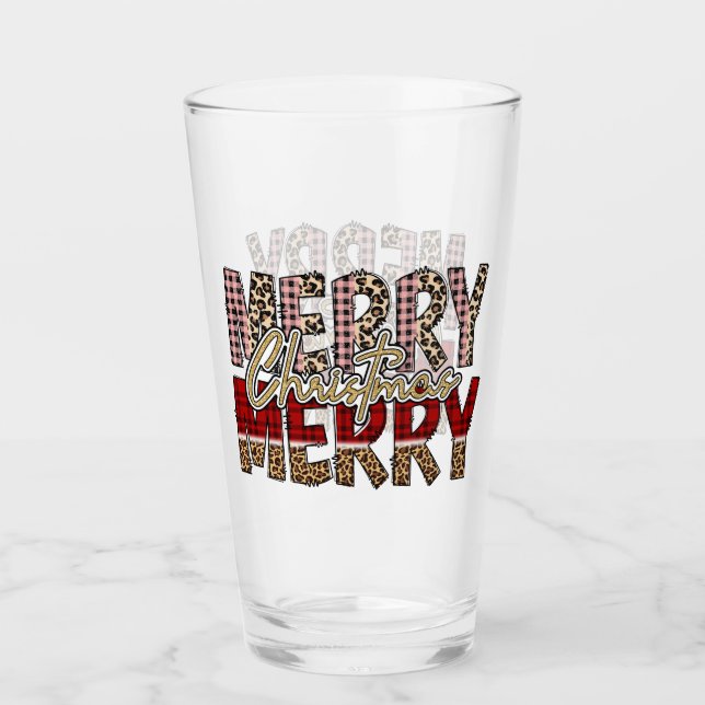 Verre Joyeux Joyeux Noël avec imprimé léopard et carreau (Devant)