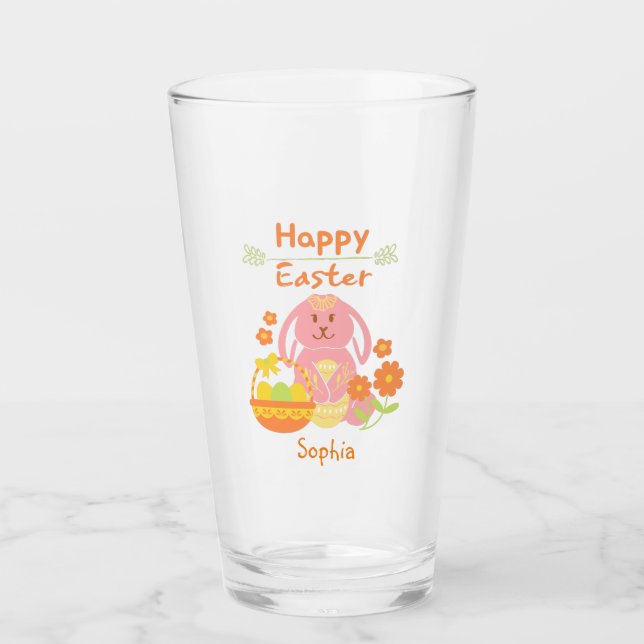 Verre Joyeux lapin rose de Pâques et fleurs (Devant)