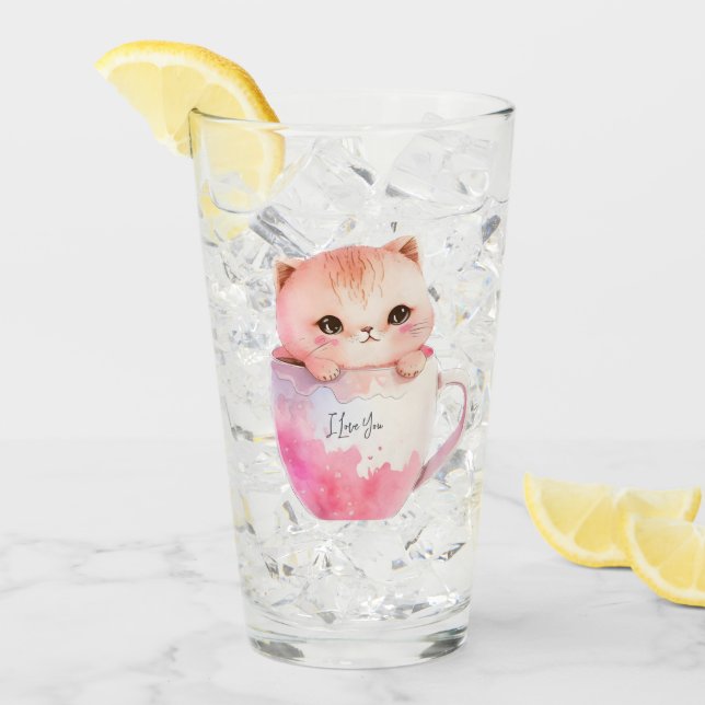 Verre Kawaii Chat Chibi Rose Blushing (Devant glace)
