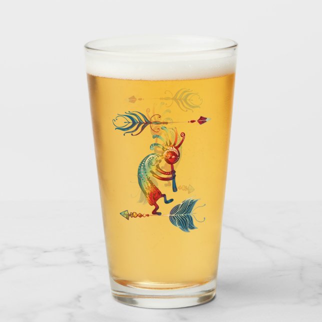 Verre Kokopelli, Autochtone Américain, Avec Deux Plumes  (Devant (rempli))