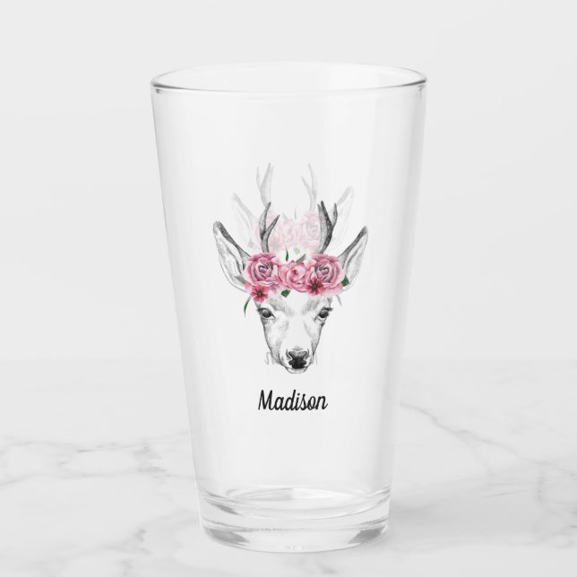 Verre Les cerfs communs de fleurs d'aquarelle | ajoutent (Devant)
