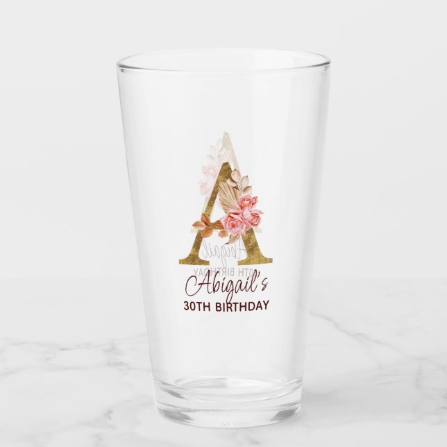 Verre Lettre A Monogramme Or Roses Rose Pâle (Devant)