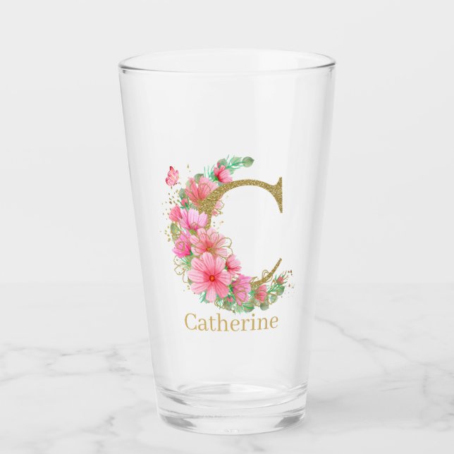 Verre Lettre C Monogramme Floral et Or Aquarelle (Devant)