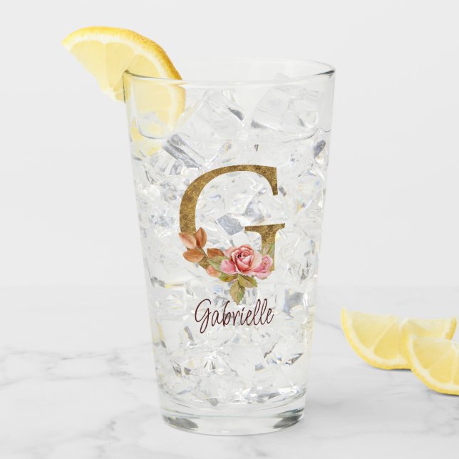 Verre Lettre de nom personnalisée G Rose poudré et feuil (Devant glace)