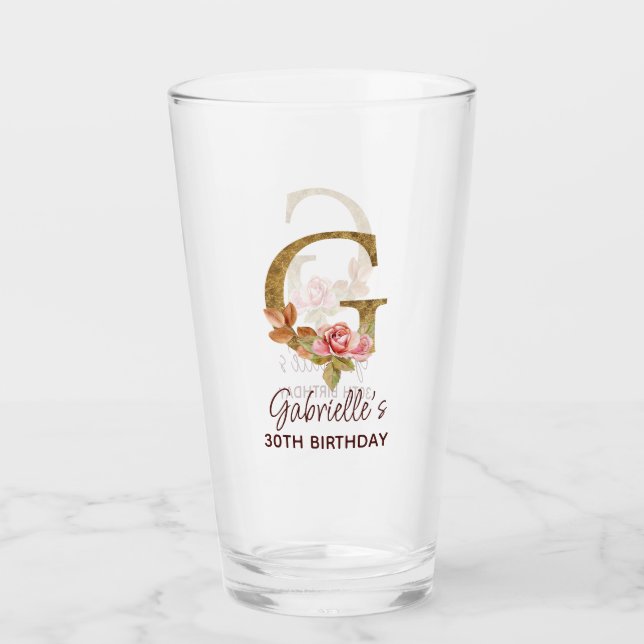 Verre Lettre G Monogramme Or Roses Rose Pâle (Devant)