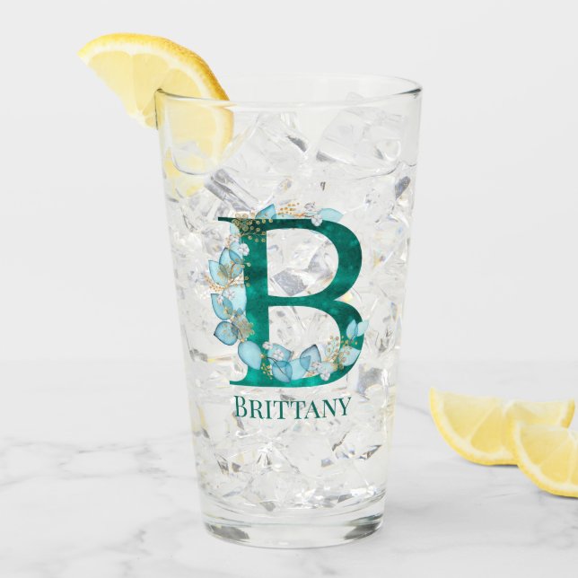 Verre Lettre monogramme B en aquarelle sarcelle et or (Devant glace)