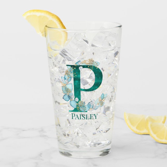 Verre Lettre P Monogramme Or et Sarcelle Aquarelle (Devant glace)