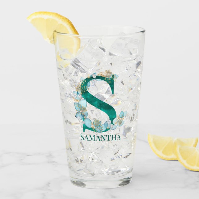 Verre Lettre S monogramme sarcelle et or aquarelle (Devant glace)