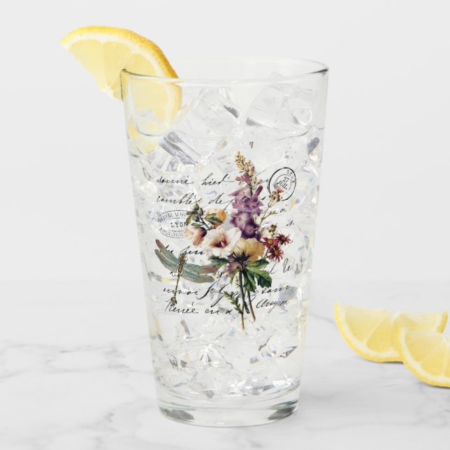 Verre libellule et fleurs (Devant glace)